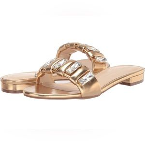 NIB Women’s Jessica Simpson Gold Metallic and Rhinestone Amille Flat San…